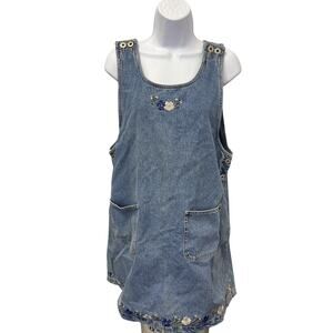 💙 JLNY Sport Denim Jumper Overall Dress Floral Embroidered Pocket Womens US XL